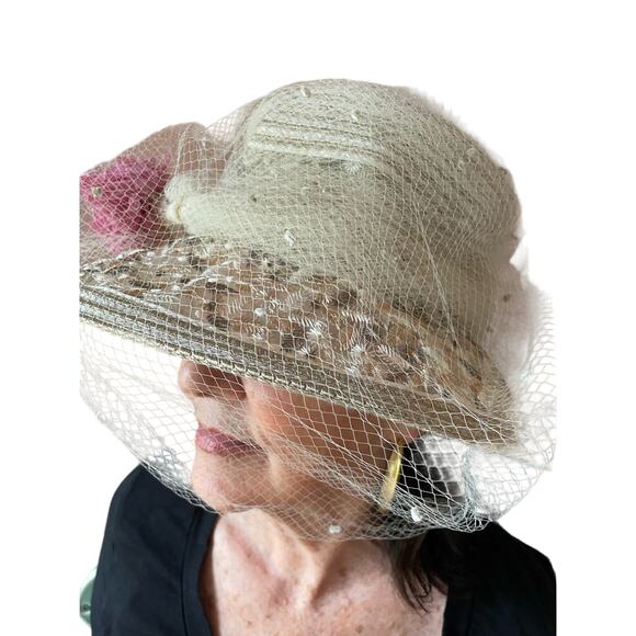 Kokin Bucket Straw Veil Ivory Floral Embroidery Net Vintage Bridal Lunch Hat - Picture 1 of 9
